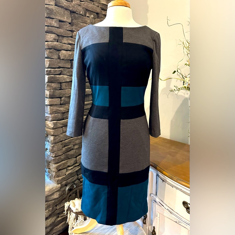 Maggy London Colorblock Midi Dress in Teal, Gray & Black